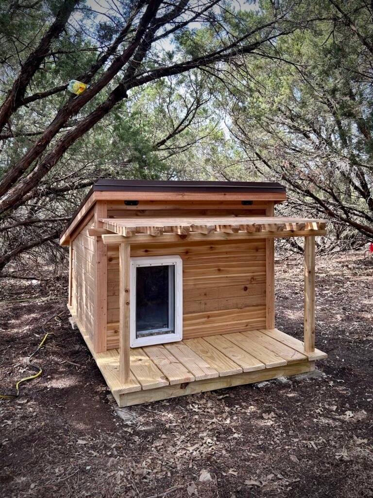 Custom built cedar dog house feature air conditioning and lighting - Creative Timberworks, Abilene TX